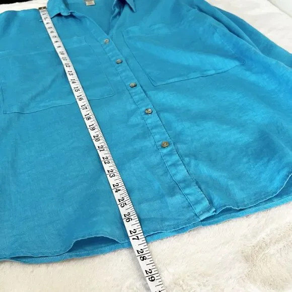 Magaschoni Turquoise Blue Button Up Shirt 100% Linen Boxy Women’s XS - Picture 8 of 9